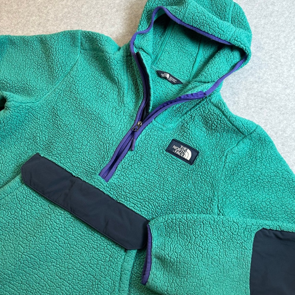 The North Face Mens Teal Sherpa Fleece Quarter Zip Hooded Anorak Jacket Medium